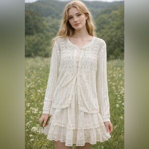 Mango White openwork knit cardigan sweater Sz M Crochet Coquette Cottagecore